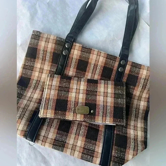 Vintage Longaberger Homestead Brown and Black Plaid Tote with matching wallet - Picture 1 of 7